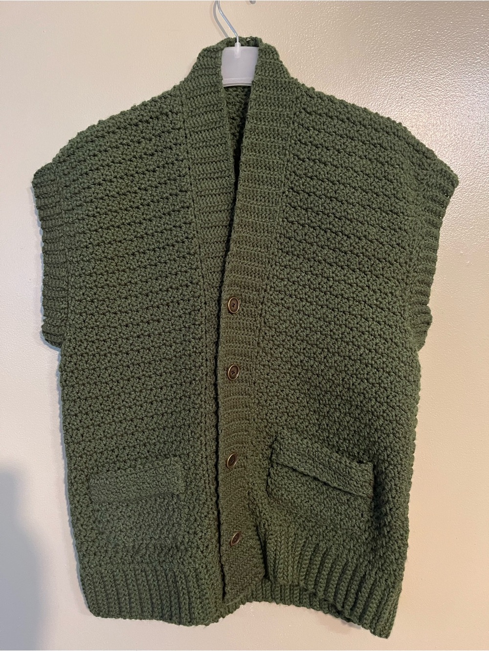 Hand Made Olive Green Chunky Knit Button Vest Pockets Acrylic